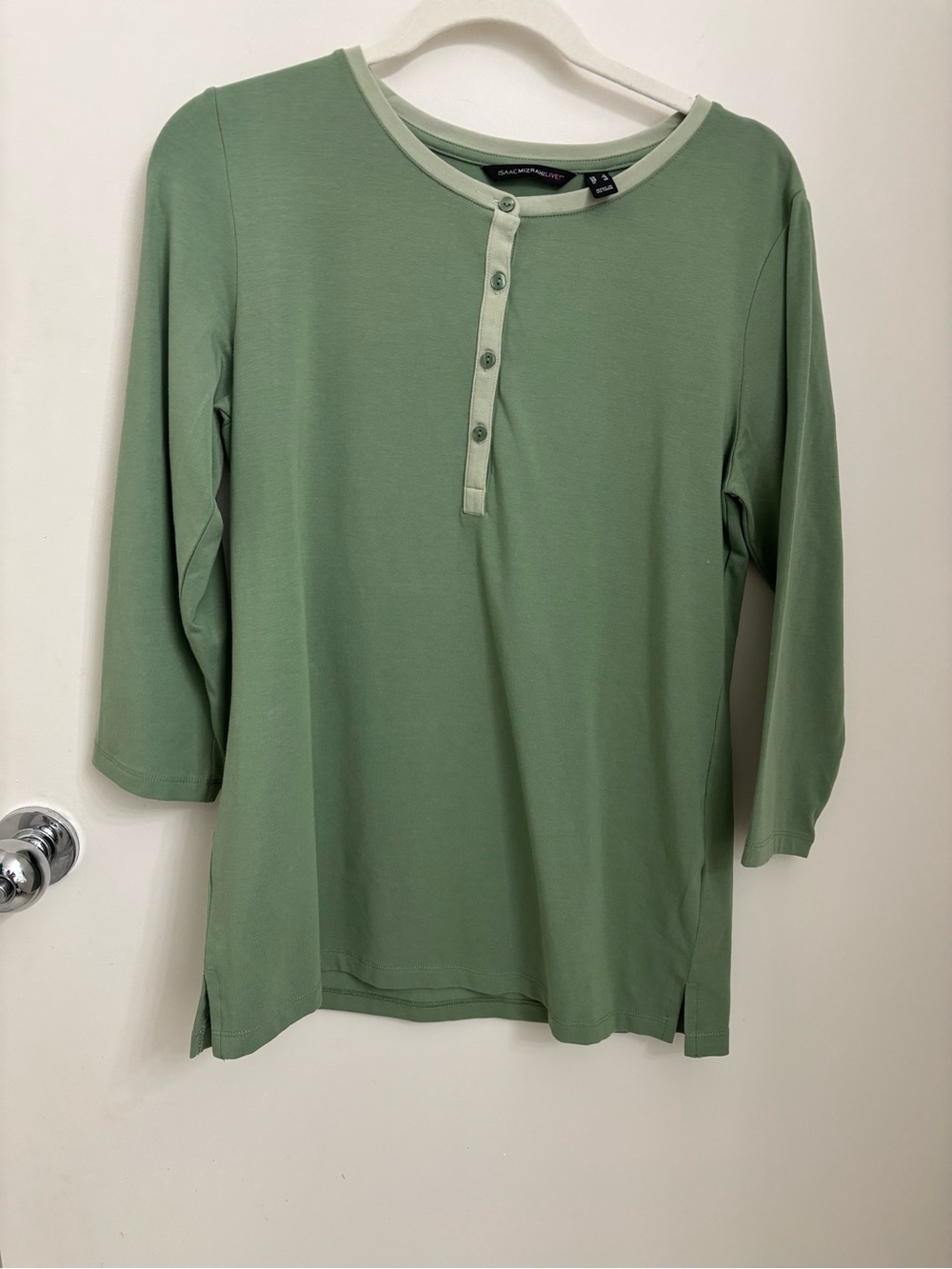 Isaac Mizrahi Live! Stretch Henley with contrast trim -QVC item no. 516773